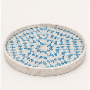 Round Bone Inlay Serving Tray Geometric Blue and White Mother of Pearl <b>Mosaic</b> Decorative Tray Wholesale Coffee Table Centerpiece - Product Image 6