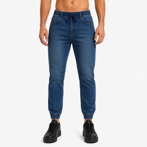 Wholesale <b>Men</b> Denim Jeans Elastic Waist Drawstring Cuffed Leg Soft <b>Stretch</b> Denim Jogger Trousers Washed Tone Denim Jeans - Product Image 1