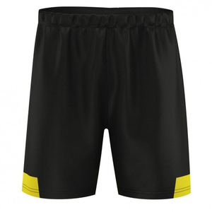 Shorts de sport pour homme, couleur noire unie, séchage rapide, avec empiècements latéraux jaunes, taille élastique, taille mi-haute, en polyester tricoté - Product Image 1