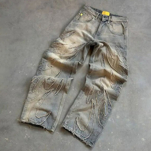 Pantalon Harem Noir Effet Vieilli avec Bords Effilochés Coupe Ample Longueur Entière Taille Haute en Coton Denim Style Hip Hop Streetwear - Product Image 3