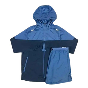 Boys Blue Hooded Tracksuit Set Waterproof Sporty Full Sleeve Shorts Zipper Fly Lightweight Polyester Spring Casual Wear - Product Image 1