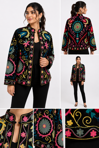 Luxury Black Velvet Jacket Women Pink Floral Hand Embroidery Bomber Handmade Needle <b>Work</b> Winter Coat Boutique Wedding Gift - Product Image 4