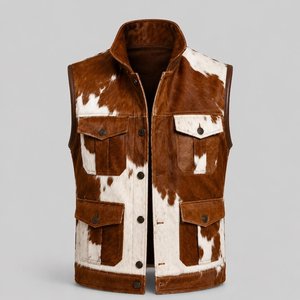 Gilet en cuir de vachette marron et blanc pour homme, col montant, décontracté, épais, patchwork, en cuir véritable, simple boutonnage, avec poches - Product Image 1