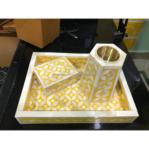 Yellow <b>Floral</b> Bone Inlay Bukhoor Set with Tray | Handmade Incense Burner & Bakhoor <b>Storage</b> <b>Box</b> - Product Image 1