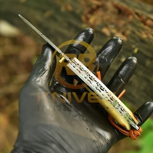 Premium Handmade Damascus Folding <b>Knife</b> with <b>Bone</b> <b>Handle</b> Outdoor Hunting Pocket <b>Knife</b> OEM Custom Logo Supplier - Product Image 4
