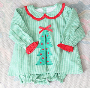 Embroidery Girl <b>Dress</b> High Quality Girls Green Gingham <b>Christmas</b> Tree Applique <b>Dress</b> With Red Peter Pan Collar And Puff Sleeves - Product Image 2
