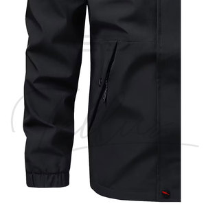 Men's Black Hooded <b>Waterproof</b> Sport <b>Jacket</b> With <b>Red</b> Logo Zipper Closure Regular Fit Autumn Wear Polyester Shell - Product Image 3