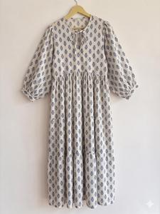 Vestido Midi para Mujer con Estampado Floral, Manga Larga, Cuello Redondo, Corte Regular, Estilo Vintage, Verano, Algodón, Línea A, Transpirable - Product Image 1