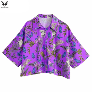 Conjunto de 2 Piezas para Mujer con Estampado Floral Morado, Top Holgado con Cuello Camisero y Botones al Frente, Atuendo Casual de Verano - Product Image 3