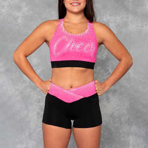 Conjunto de Animadora para Mujer con Brillo de Diamantes, Elástico en Cuatro Direcciones, Top Corto Deportivo y Shorts de Ciclista de Cintura Cruzada - Product Image 1