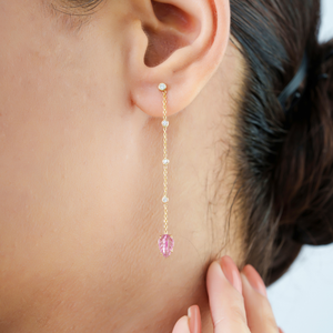 Hot Selling Products New Design 14K Yellow Gold Carving Leaf Shape Pink Tourmaline & <b>Diamond</b> Long <b>Dangle</b> <b>Earrings</b> Dainty Jewelry - Product Image 2