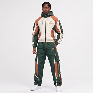 <b>mens</b> <b>green</b> beige rust color block hooded tracksuit windbreaker jacket <b>cargo</b> track <b>pants</b> set streetwear two piece outfit suit - Product Image 1