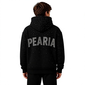 Sweat à capuche zippé noir à strass imprimé numériquement, 100 % coton molletonné respirant, coupe classique, streetwear d'hiver pour homme - Product Image 3