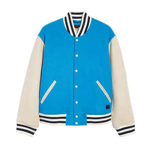 <b>Men's</b> Blue Varsity <b>Jacket</b> <b>White</b> Sleeves Color Blocking PU Single Button Closure Regular Fit Preppy Style Autumn Wear OEM Service - Product Image 2
