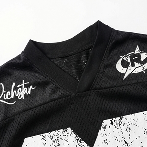 Black Athletic Mesh Jersey with <b>Distressed</b> Chest Print & Contrast V‑Neck Performance Teamwear OEM / Private Label - Product Image 3