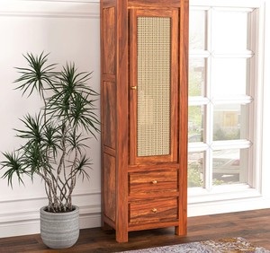 Wholesale Boho Solid Wood Rattan <b>Bookcases</b> Tall Cabinet Single Door Cane <b>Bookcase</b> with Drawers | Jodhpur Handicraft - Product Image 2