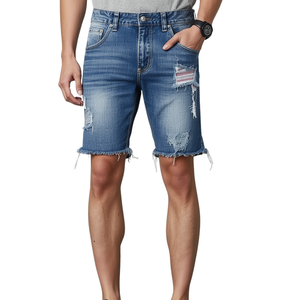 Shorts de mezclilla rasgados transpirables para hombre, hasta la rodilla, con cierre de botones y bolsillos - Product Image 3
