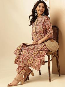 Conjunto de Kurta y Palazzo Étnico de Algodón con Estampado Floral Rojo para Mujer, Corte Regular, Largo hasta la Rodilla, Ropa Casual de Secado Rápido, Estilo India Pakistán, para Verano - Product Image 1