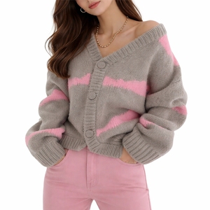 Cardigan en tricot pour femme, rayé, boutonné devant, pull confortable, cardigan moderne, style quotidien, pull à manches longues pour femme - Product Image 1