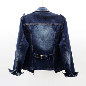 Blouson Moto en Jean pour Femme, Coupe Courte, Fermeture Éclair Asymétrique, Sangle à Boucle au Dos, Coupe Droite, Effet Vieilli, 100% Coton, Vente en Gros - Product Image 2