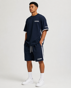 F2WIN Men's White Polyester/Cotton Fleece Quick Dry Seamless Fusing T-Shirt Shorts <b>Set</b> Stand Collar Casual Summer Wear - Product Image 1