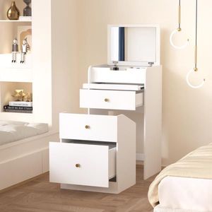 Mini Space Saving <b>White</b> Makeup Vanity Set Cute Dressing <b>Table</b> with Chair & Drawers <b>Small</b> Vanity Desk for Optimal Use - Product Image 1