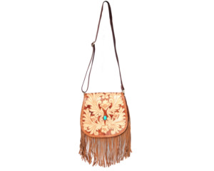 Sac bandoulière vintage en cuir véritable avec décorations florales gravées à la main sur le panneau avant, franges et clous turquoise - Product Image 6