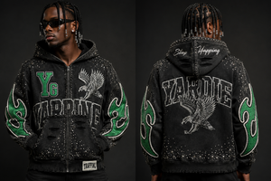 Sudadera con capucha gráfica vintage para hombre de Micah Corporation – Estampado YG Varsity, chaqueta con cremallera estilo streetwear desgastado - Product Image 2