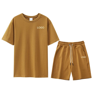 Ensemble T-shirt et short pour homme 100 % coton 250 g/m² à manches courtes, couleur unie, décontracté, respirant, pour l'été - Product Image 3