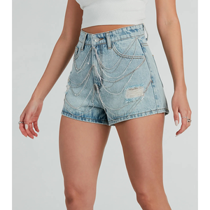 Shorts de Mezclilla de Cintura Alta con Detalles Desgastados y Agujeros, Estilo Casual de Verano para Mujer, Shorts de Mezclilla de Algodón Azul Claro - Product Image 3