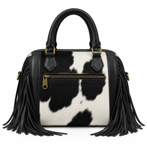 Black And White Hair On Hide Cowhide Mini Duffle Bag Western Fringe <b>Purse</b> Boho Cowgirl Speedy Handbag Women Trendy Boston <b>Purse</b> - Product Image 2