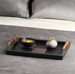 Plateau de service en bois fait main avec revêtement en cuir noir, poignée en bambou, design moderne, logo personnalisé, taille personnalisée, plateau pour Pâques, Ramadan, mariage - Product Image 4