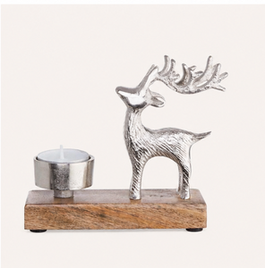 Handcrafted Silver Aluminum Reindeer Tealight Candle Holder With Natural Mango Wood Base For Christmas Holiday Table Decoration - Product Image 5