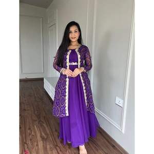 FANCY GEORGETTE BORDADO BANDHEJ BATA DE TRABAJO DE ENCOGIDA ESTAMPADA CON MORADO - Product Image 1