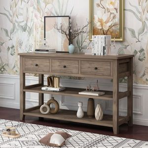 Wash Gray Console Table with <b>Wood</b> <b>Frame</b> and Legs 3 Drawers and 2 Open Shelves <b>for</b> Entryway or <b>Sofa</b> Table - Product Image 5