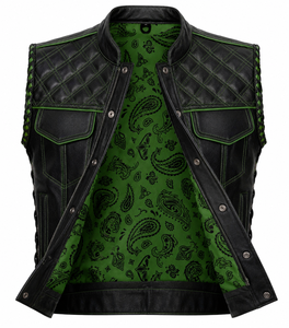 Gilet de motard en cuir noir pour homme, doublure paisley verte, fermeture éclair matelassée, col montant, style moto, vêtement d'extérieur - Product Image 1