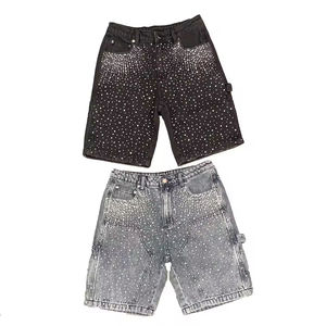 Shorts en jean vintage délavé TITAN TREAD WEAR pour homme, style streetwear cargo, avec strass, respirant, coupe ample, imperméable - Product Image 5