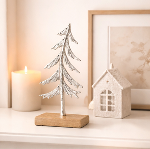 Nordic Style Hammered Aluminum Xmas <b>Tree</b> Ornament With Sustainable Wood Base Elegant Silver Holiday Centerpiece For Mantel Table - Product Image 3
