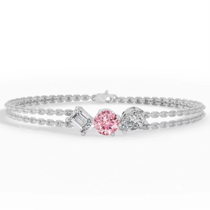 สร้อยข้อมือเพชรเพาะเลี้ยงสีชมพูทรงลูกแพร์และทรงเหลี่ยมมรกต ทอง 18K |   สร้อยข้อมือแบบสองเส้น ได้รับการรับรองจาก IGI ของขวัญสำหรับเจ้าสาวสำหรับผู้หญิง - Product Image 1