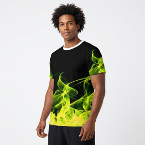 Men's Black Short Sleeve T-<b>Shirt</b> Green Yellow <b>Flame</b> Print Regular Fit O-Neck Knitted Spandex/Polyester Casual Hip Hop Breathable - Product Image 2