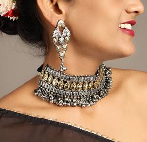 Conjunto de Collar y Pendientes Bohemios Ghungroo de Plata y Oro Oxidado de Dos Tonos para Mujer, Ideal para Bodas y Novias - Product Image 2