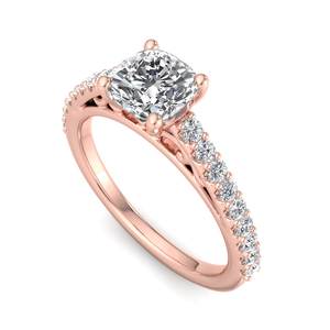 Anillo de compromiso de lujo de oro rosa con diamante talla cojín, banda pavé de puntas compartidas estilo catedral, joyería nupcial para mujer - Product Image 1