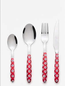 Ensemble de couverts en acier inoxydable à poignée florale, 4 pièces, passe au lave-vaisselle, design fleurs rouges et blanches, couverts de fête - Product Image 1