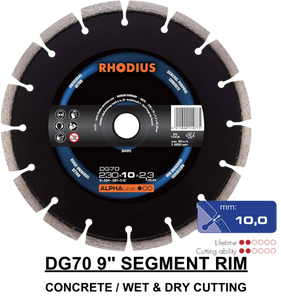 Lame de coupe diamantée segmentée RHODIUS DG70 230 mm |   Hauteur du segment de 10,0 mm |   Disque de coupe pour béton et pierre |   Série ALPHALINE - Product Image 2