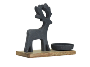 Porte-bougie en aluminium motif renne rustique avec base en bois noir mat, fait main, décoration de table festive, centre de table minimaliste - Product Image 1