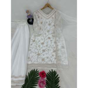 Conjunto de Top y Pantalones Plazzo Blancos de Fiesta para Mujer, Diseño ST, con Dupatta - Product Image 4