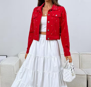 <b>Red</b> Denim Breathable Distressed <b>Crop</b> Jacket with Rhinestone Floral Print Formal Style Autumn Wear - Product Image 3