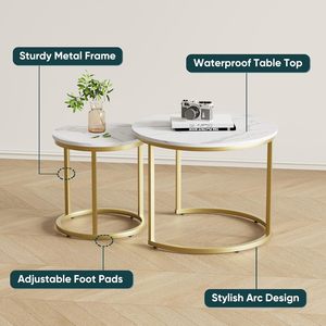 <b>Round</b> <b>Nesting</b> <b>Coffee</b> <b>Table</b> White & Gold Finished Modern Living Room <b>Tables</b> with Wooden Top Sturdy Metal Legs - Product Image 5
