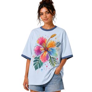เสื้อยืดโอเวอร์ไซส์สีฟ้าอ่อนสำหรับผู้หญิง พิมพ์ลายดอกชบาสีสันสดใส เสื้อยืดลำลองผ้าฝ้ายสำหรับฤดูร้อน รับผลิตตามแบบ OEM ODM ขายส่ง - Product Image 2