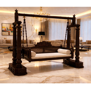 ชิงช้าไม้สไตล์อิตาลีสุดหรูสำหรับบ้านอินเดีย ขายดี โครงสร้างเสาคู่ รองรับได้ 3 คน สีวอลนัทเข้ม จูลา อเมริกา - Product Image 1